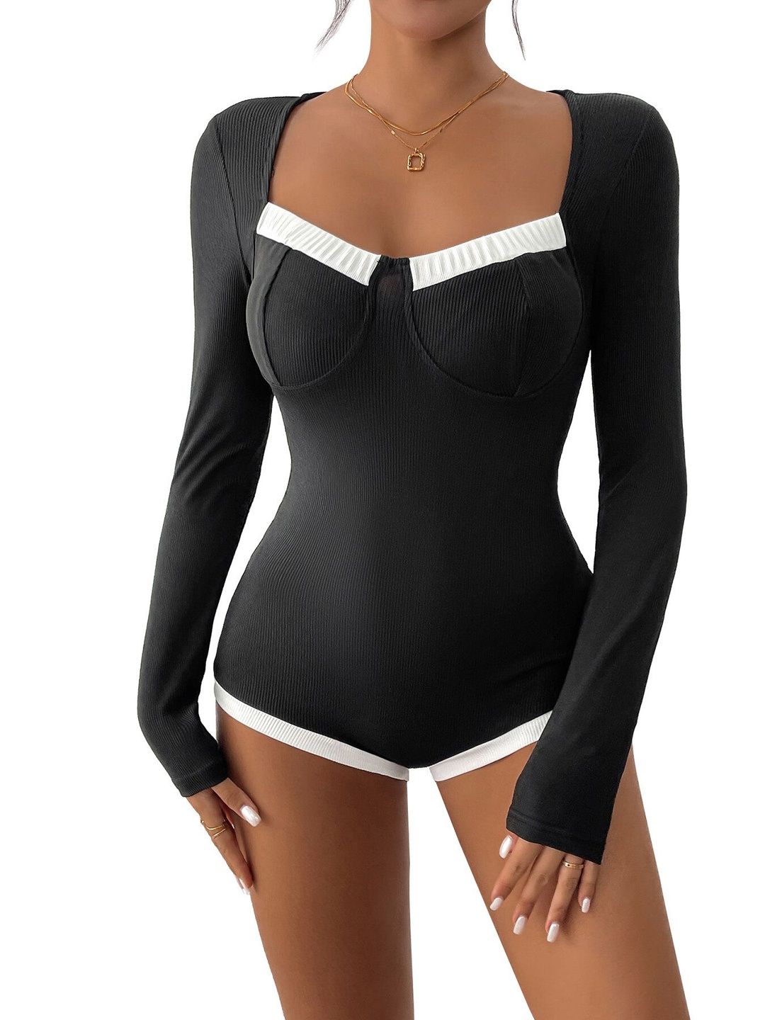 Cotton Square Neck Bodysuit in Black Style 864 - Nowi Korean Fashion
