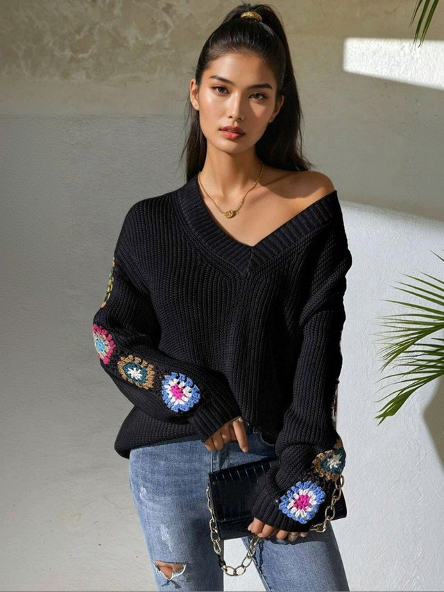 Colourblocked Ribbed Pullover with Embellished Detail in Black acrylic - Nowi Korean Fashion