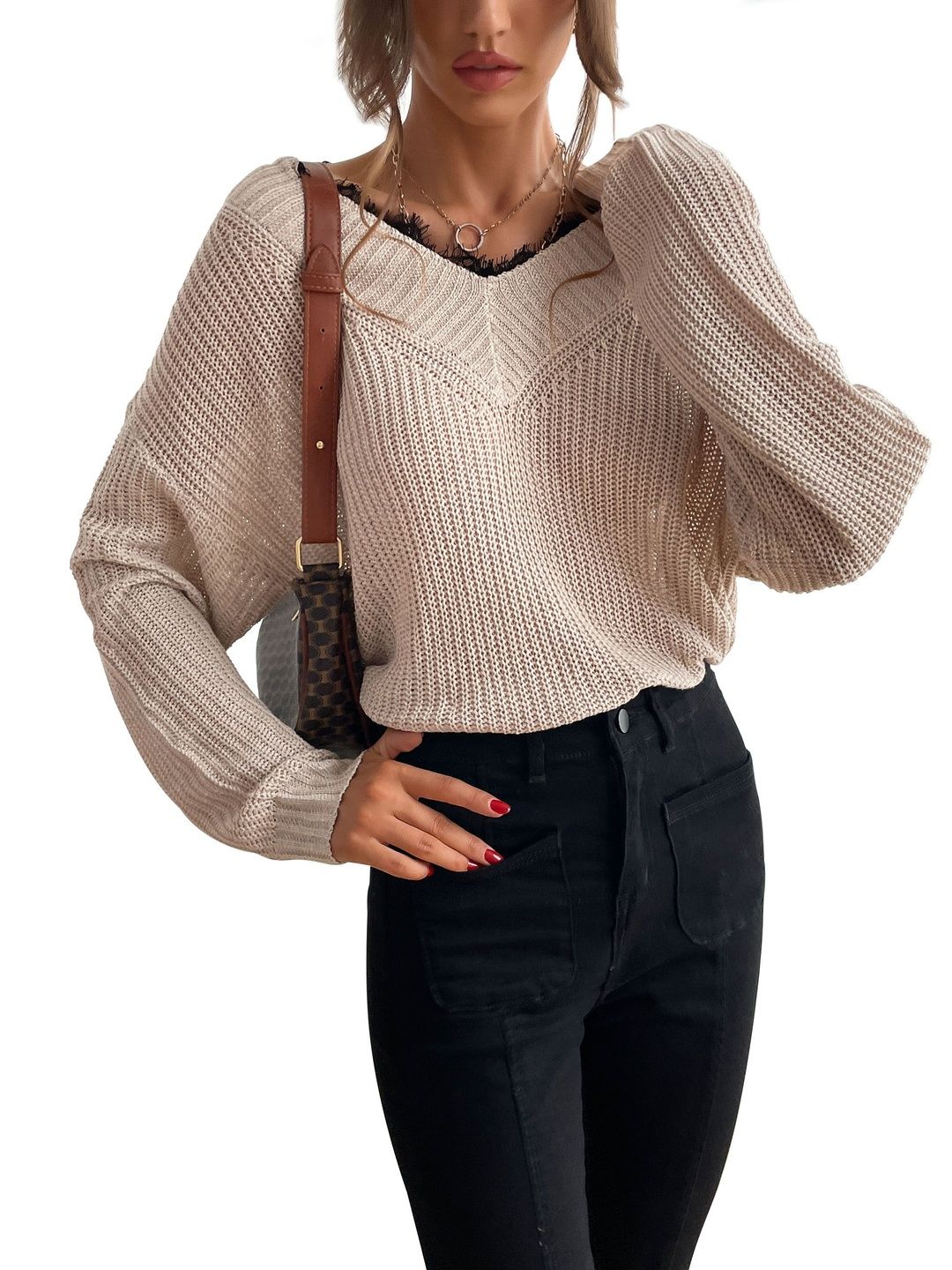 Ribbed Pullover in Beige - Nowi Korean Fashion