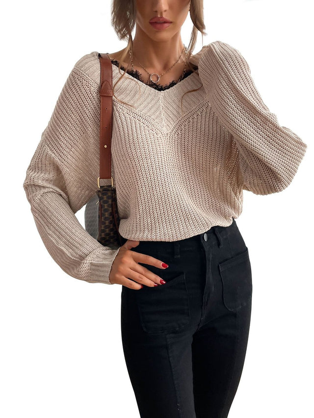 Ribbed Pullover in Beige - Nowi Korean Fashion