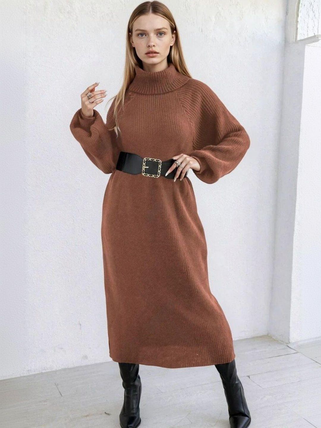 Ribbed Pullover in Brown acrylic Style 399 - Nowi Korean Fashion