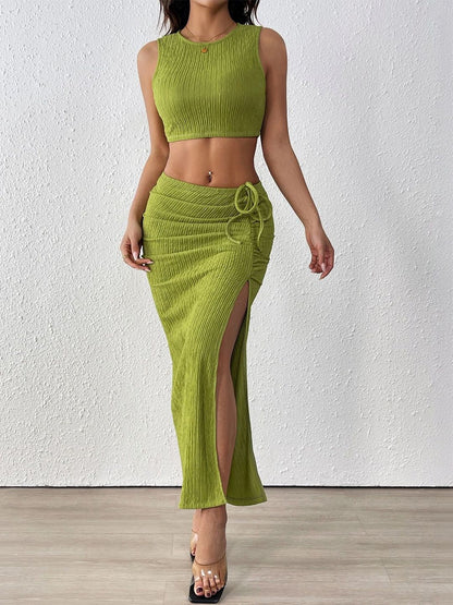 Ribbed Round Neck Top With Skirt Co-Ords in Green - Nowi Korean Fashion