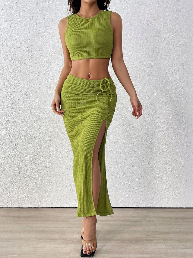Ribbed Round Neck Top With Skirt Co-Ords in Green - Nowi Korean Fashion