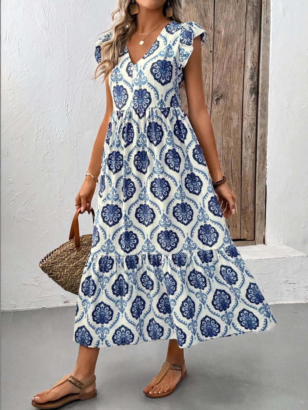 Bohemian Ethnic Motif Midi Dress with Flutter Sleeves