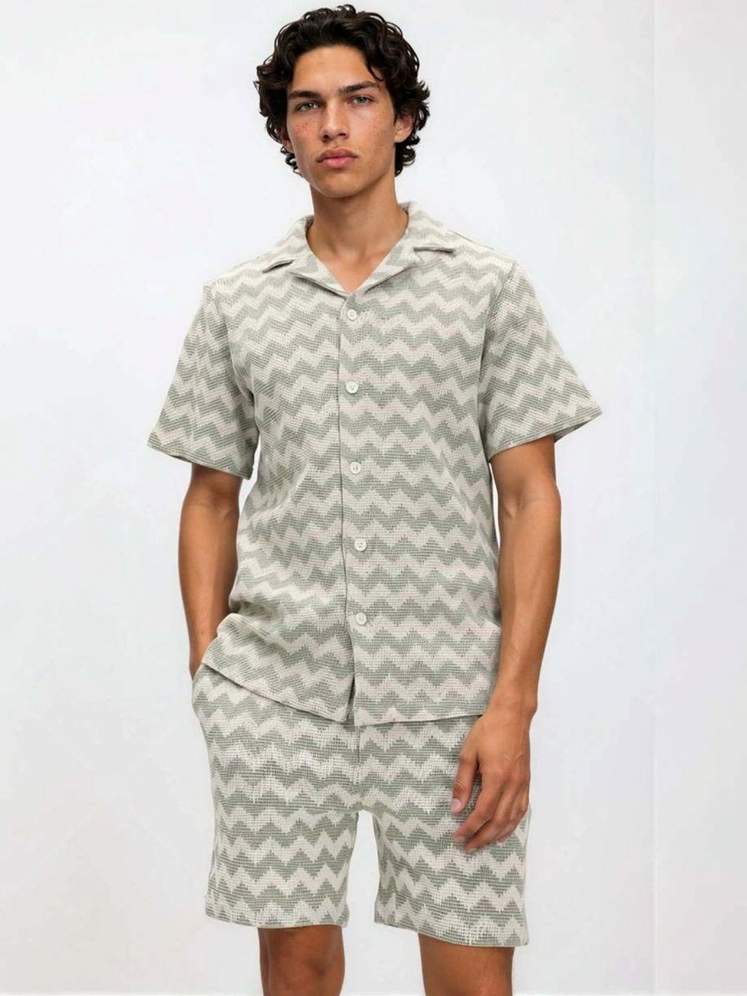 Crochet Woven Design Shirt with Shorts in Green Cotton - Nowi Korean Fashion