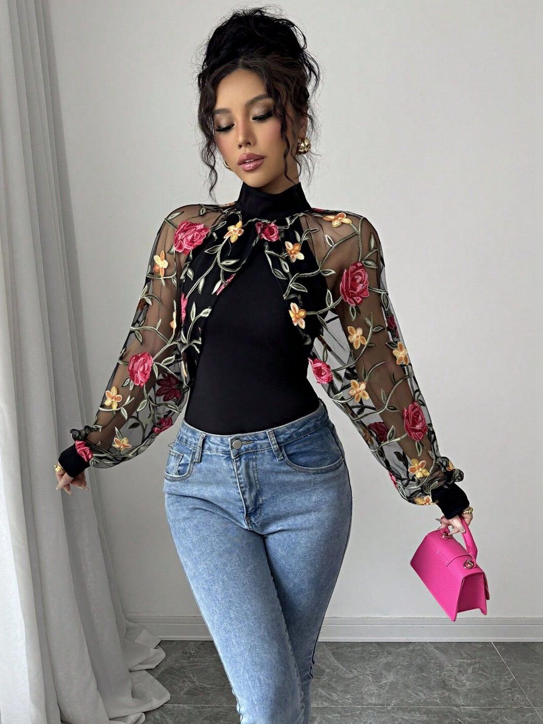 Floral Embroidered Bishop Sleeves Top in Black polyester - Nowi Korean Fashion