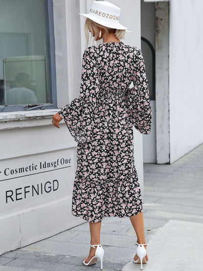 Women's Black Floral Print Bell Sleeve Midi Dress