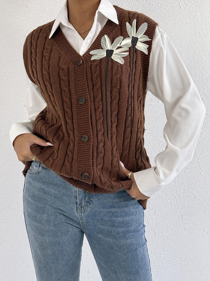 Women Cable Knit Sweater Vest with Embellished Detail