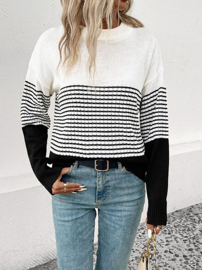 Women's White Striped Colourblocked Pullover