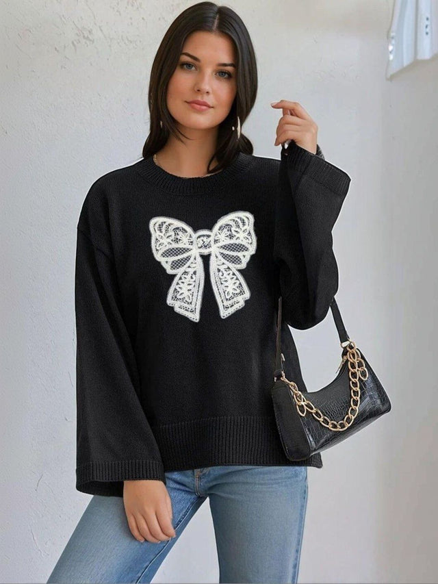 Pullover with Embroidered Detail in Black acrylic Style 565 - Nowi Korean Fashion