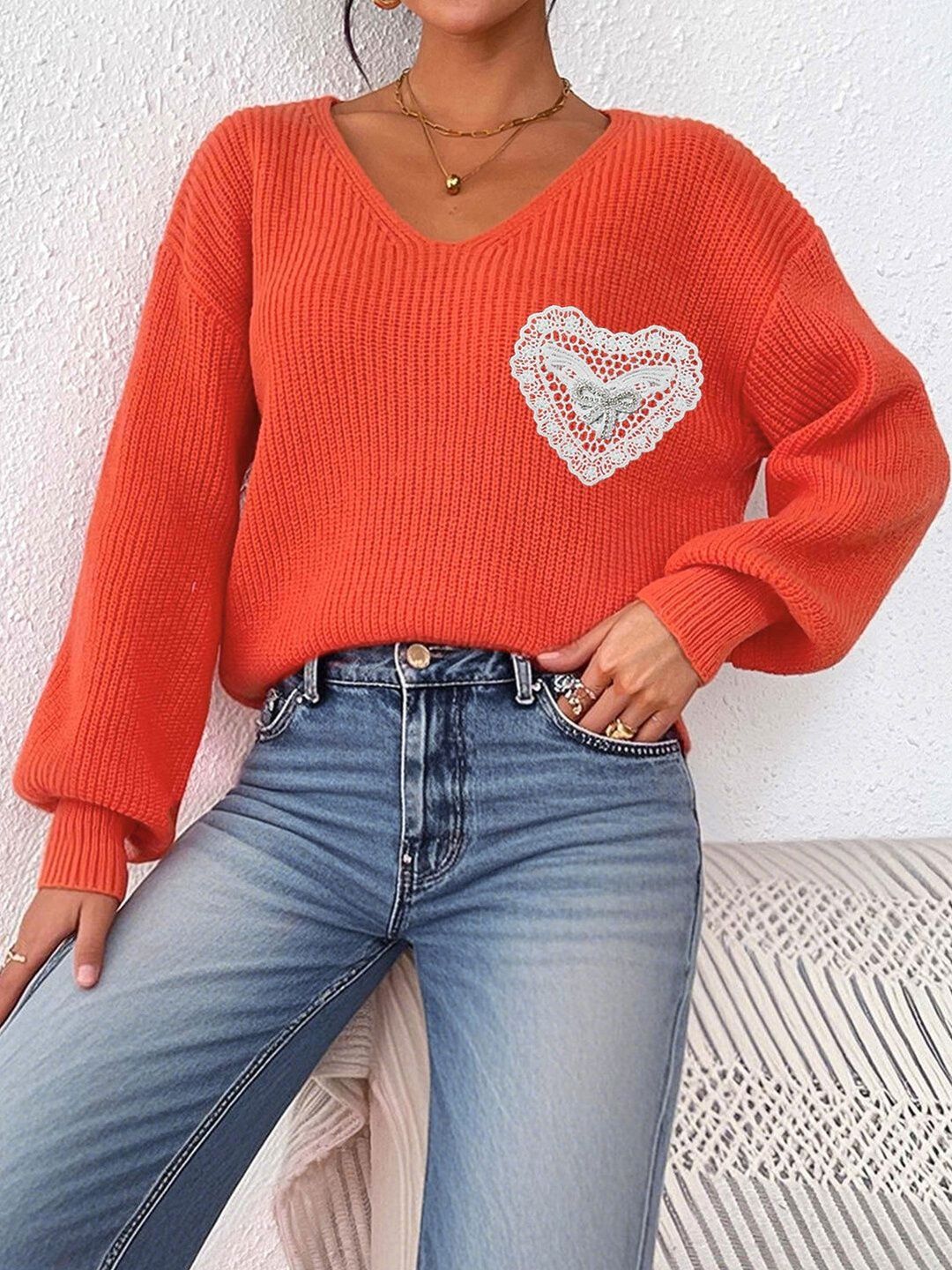 Ribbed Pullover with Embroidered Detail in Orange acrylic Long Sleeve - Nowi Korean Fashion
