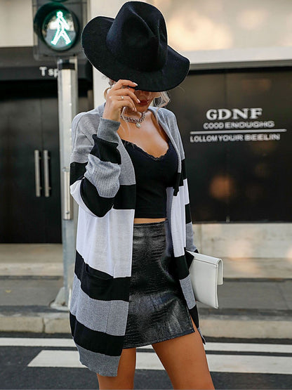 Women's Grey Striped Cardigan Blend Regular Fit