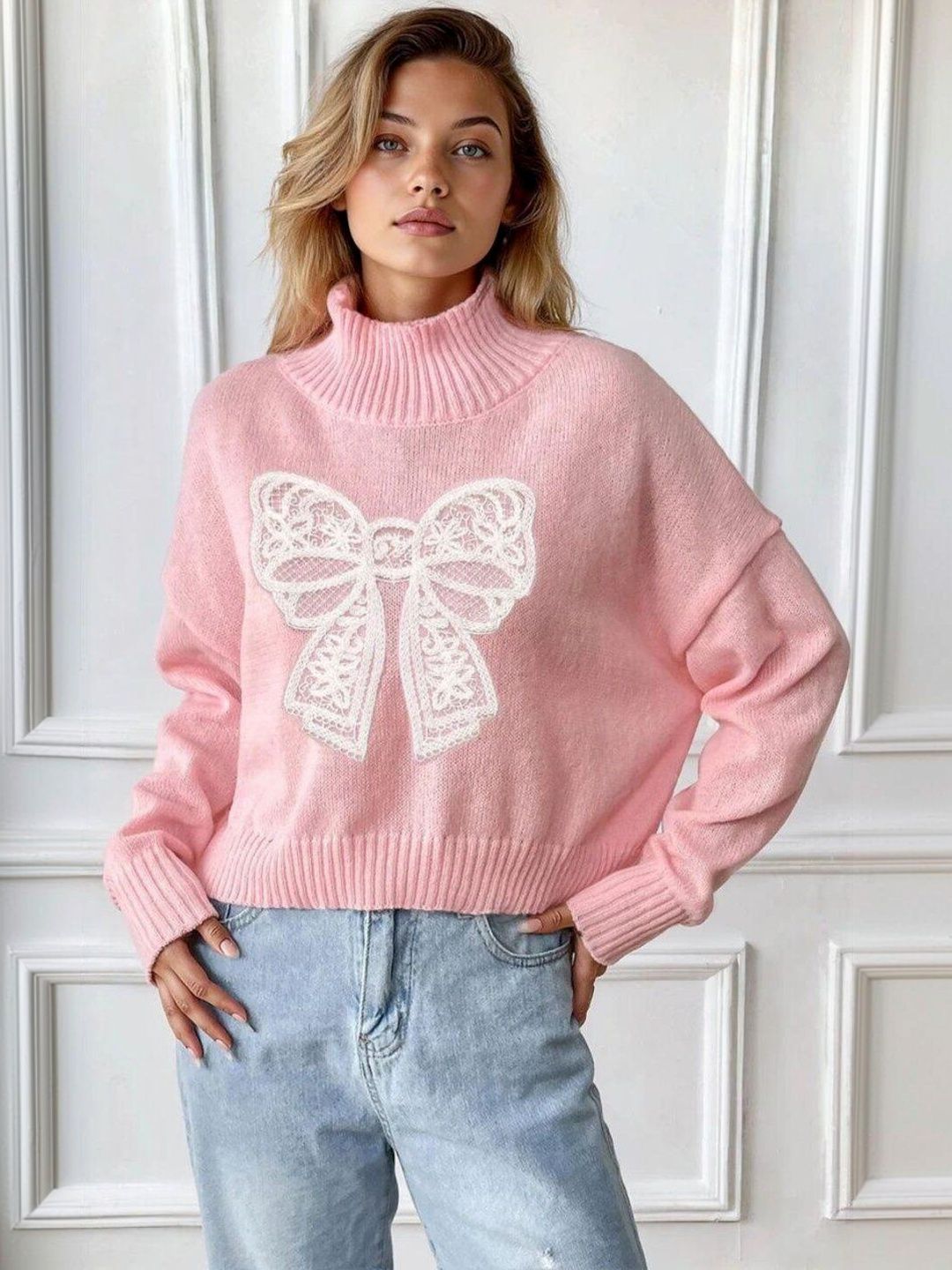 Embroidered Crop Pullover with Embroidered Detail in Pink acrylic - Nowi Korean Fashion