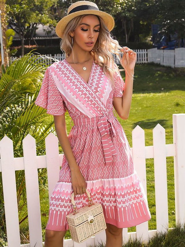 Print Dress in Pink cotton Printed - Nowi Korean Fashion