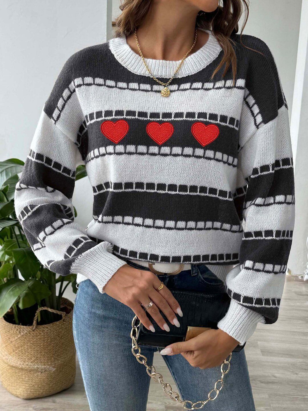 Women Striped Pullover with Embroidered Detail