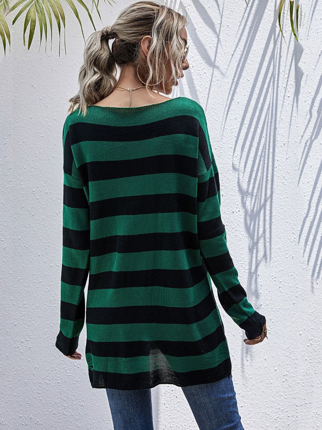 Women's Green Striped Pullover Blend Regular Fit
