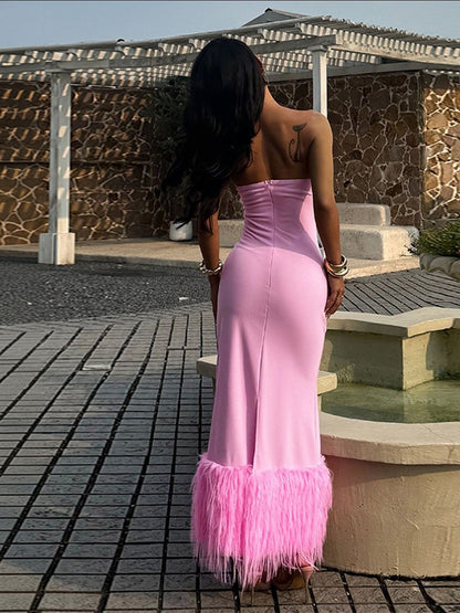 Women's Pink Fringed Bodycon Maxi Dress