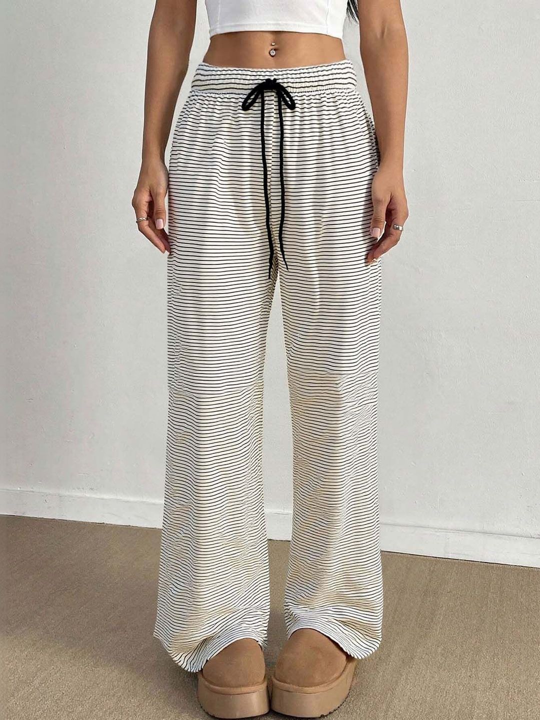 Striped Mid Rise Lounge Pants in White Cotton - Nowi Korean Fashion