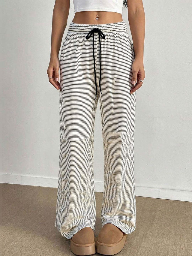 Striped Mid Rise Lounge Pants in White Cotton - Nowi Korean Fashion