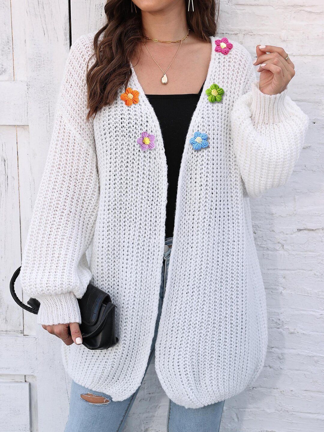 Women Ribbed Longline Cardigan with Applique Detail