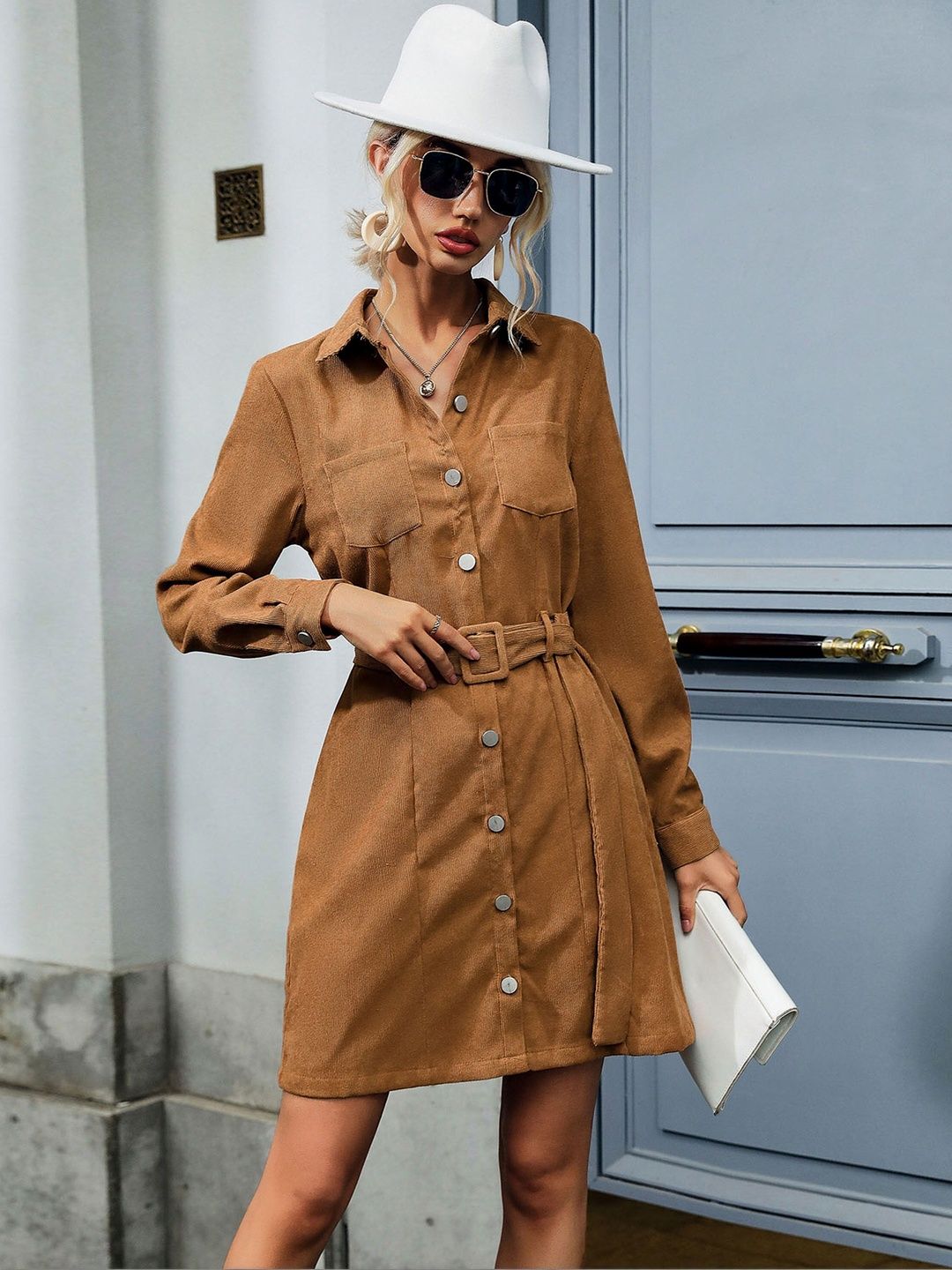 Shirt Dress in Brown - Nowi Korean Fashion