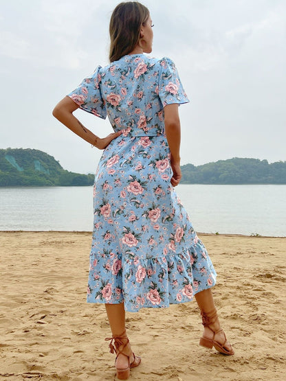 Floral Print Puff Sleeve Ruffled Midi Dress
