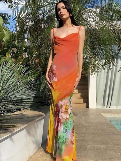 Floral Print Cowl Neck Sheath Maxi Dress