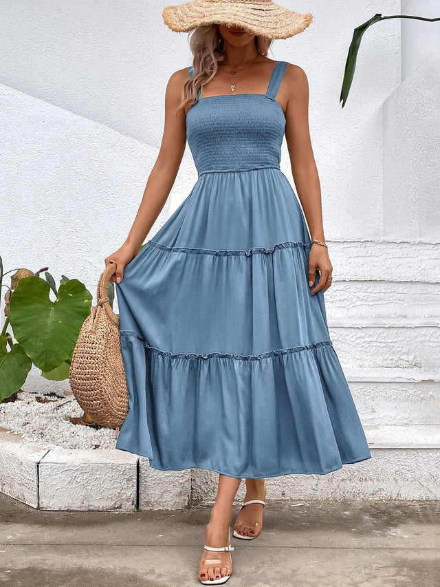 A-Line Midi Dress in Blue cotton Style 168 - Nowi Korean Fashion