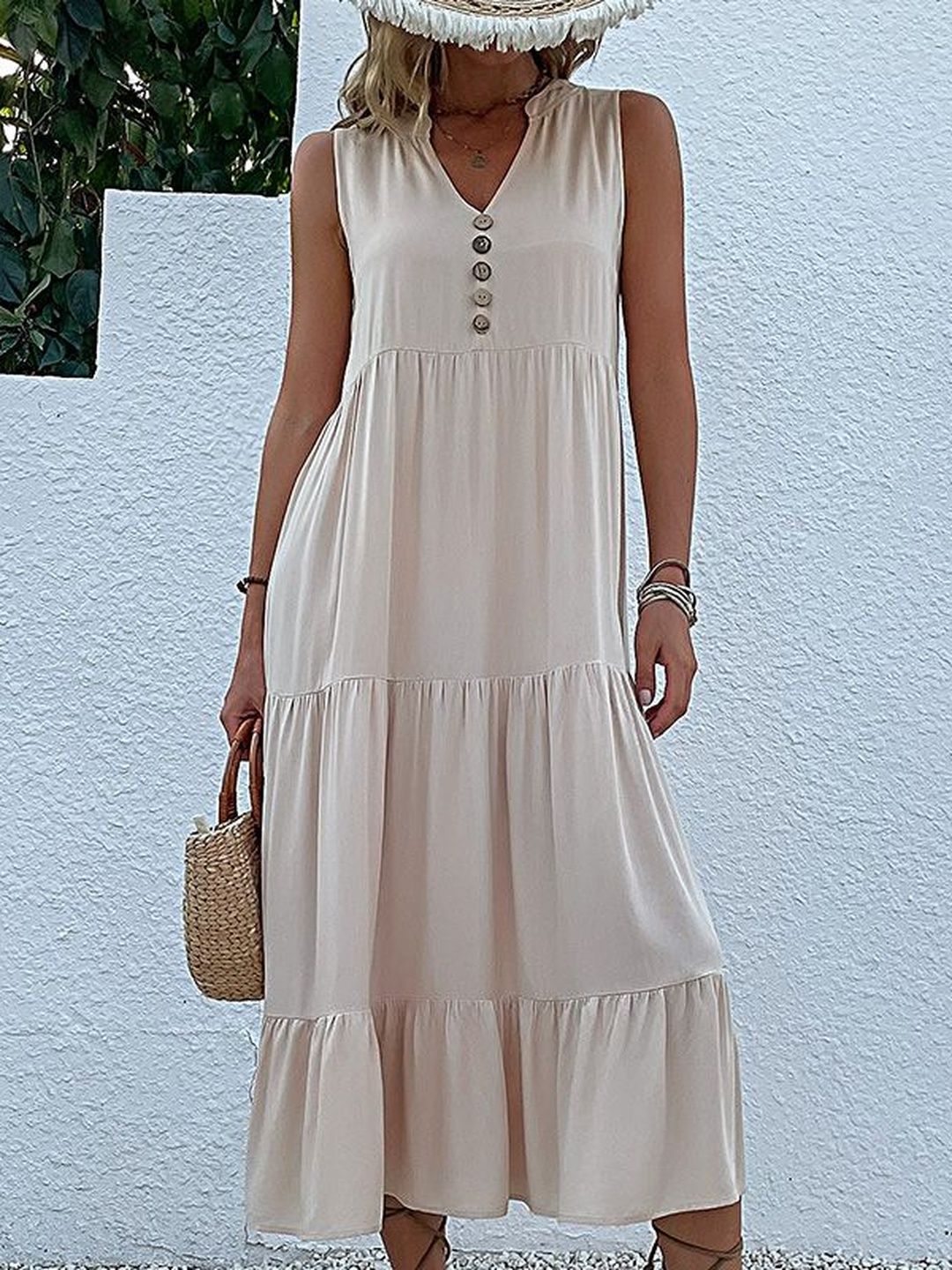 A-Line Midi Dress in Beige cotton Sleeveless - Nowi Korean Fashion