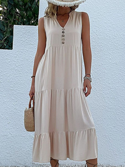 A-Line Midi Dress in Beige cotton Sleeveless - Nowi Korean Fashion
