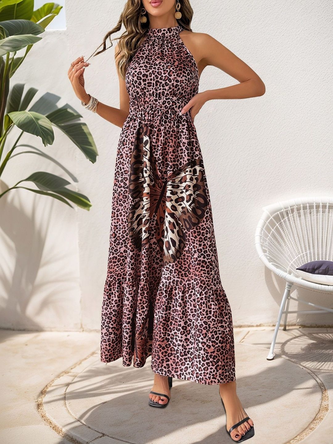 Animal Print Halter Neck A-Line Maxi Dress