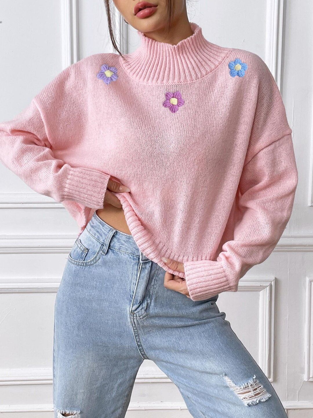 Women Crop Pullover with Embroidered Detail
