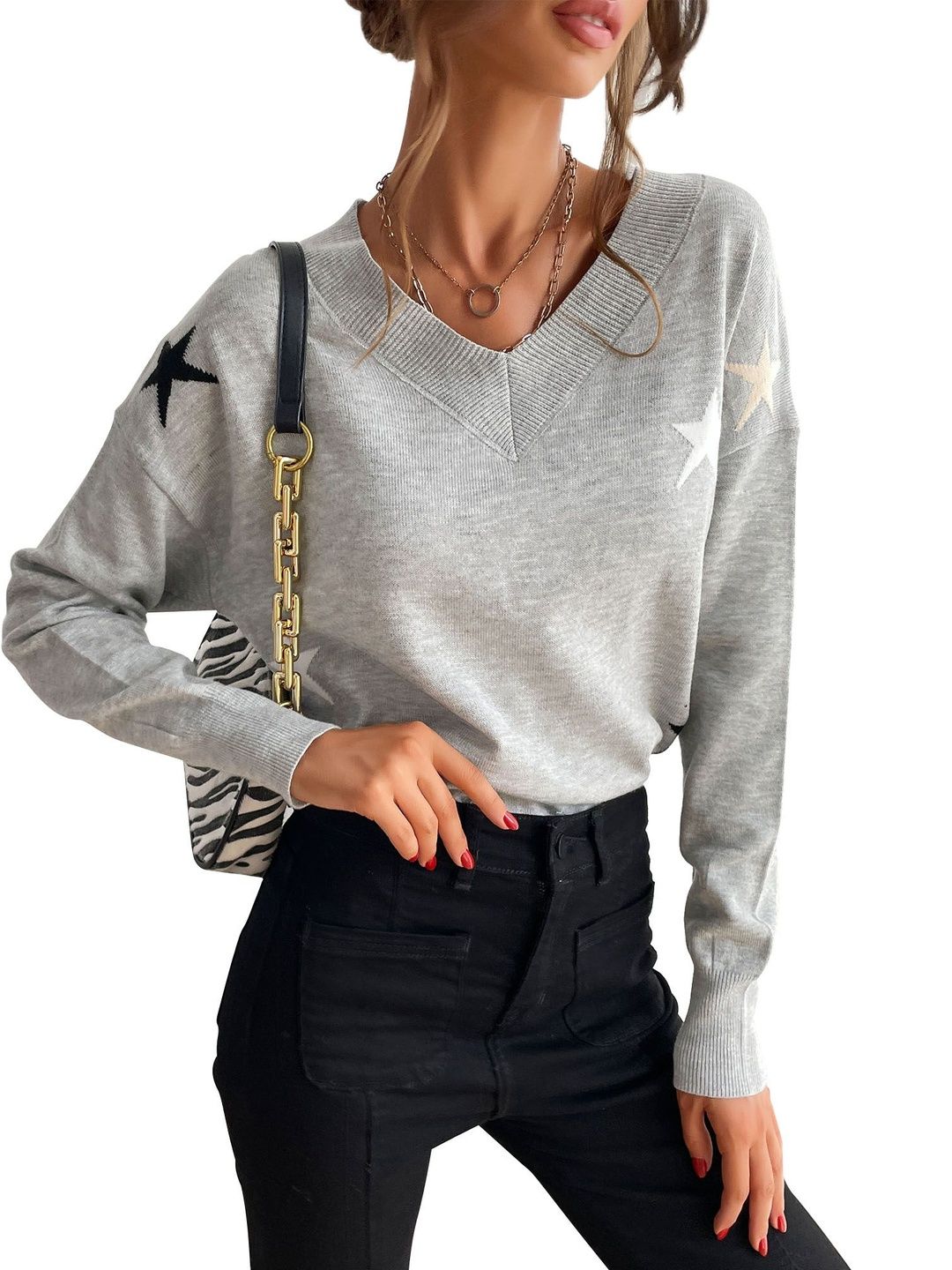 Women's Grey Printed Pullover Blend Regular Fit