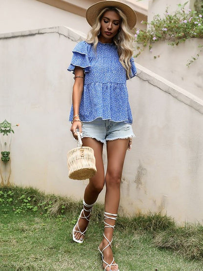 Floral Print Flutter Sleeve Ruffles Cotton Top