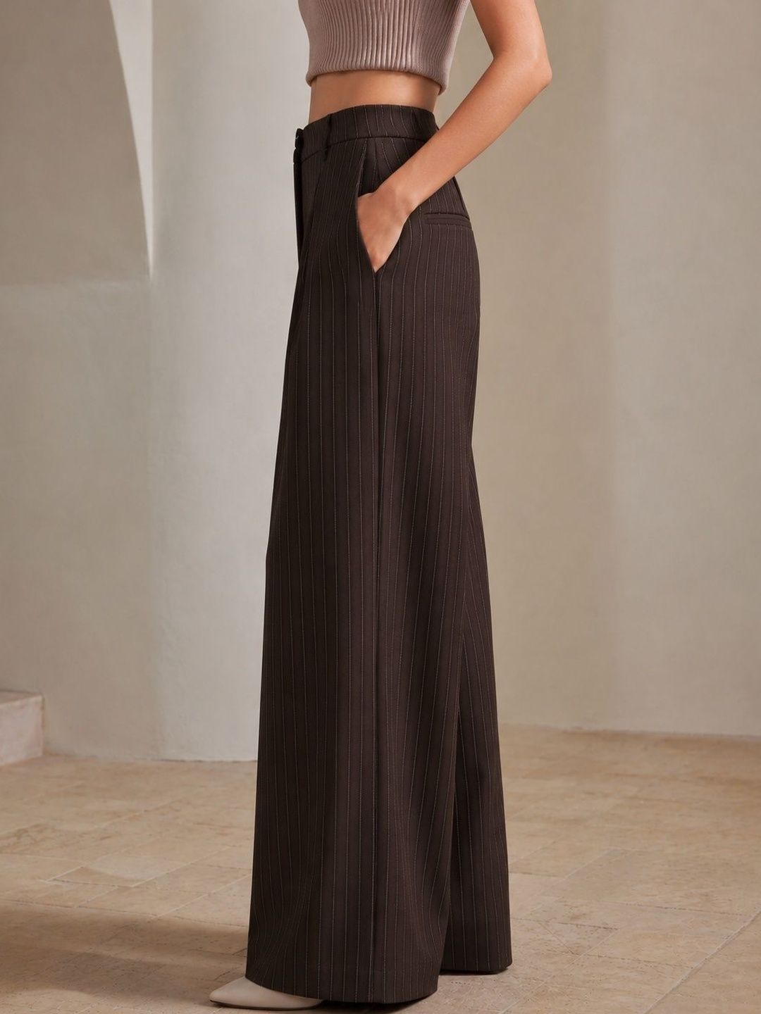 Women Striped Relaxed High-Rise Easy Wash Pleated Trousers