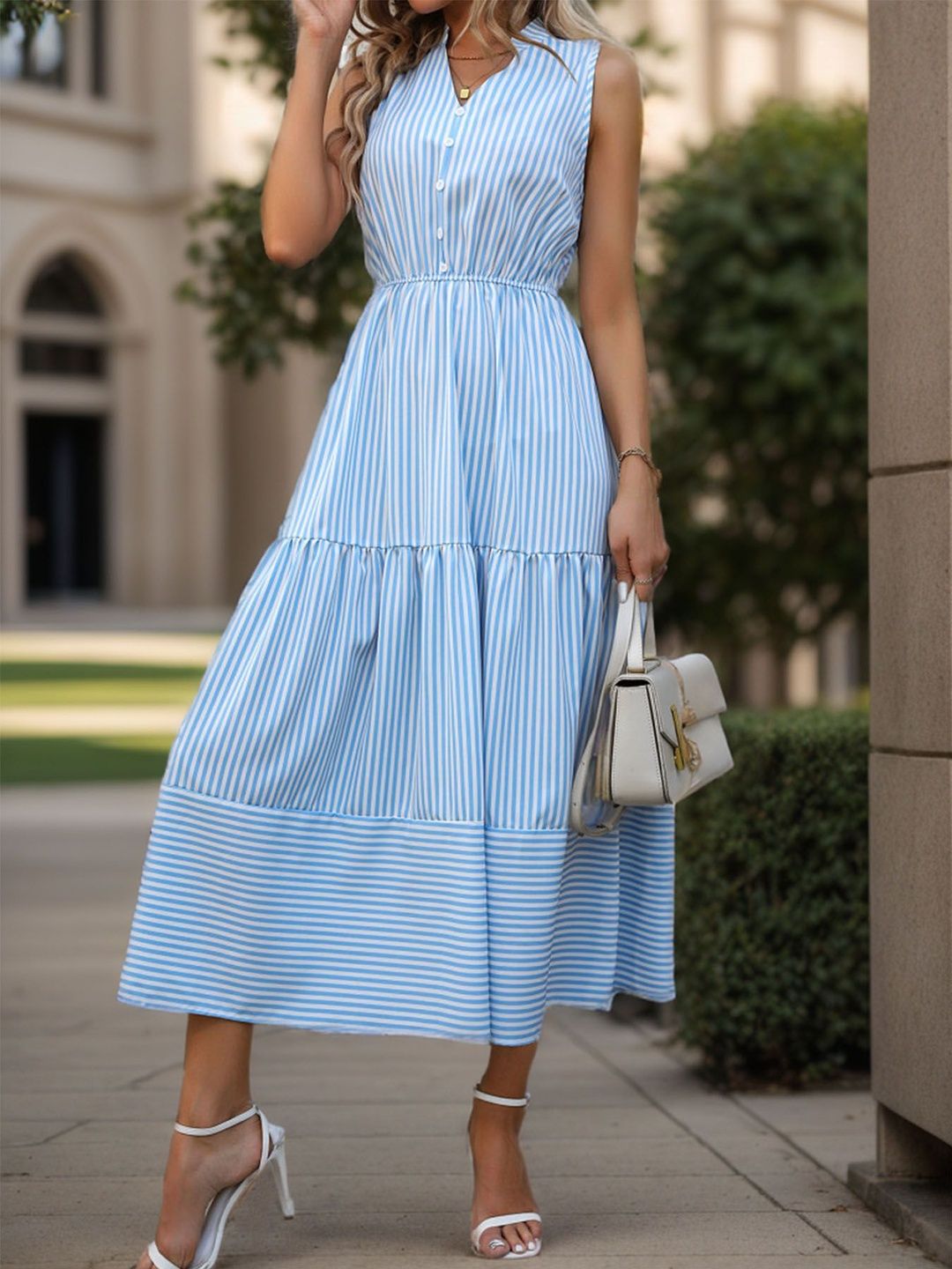 Striped Fit & Flare Midi Dress in Blue cotton Sleeveless - Nowi Korean Fashion