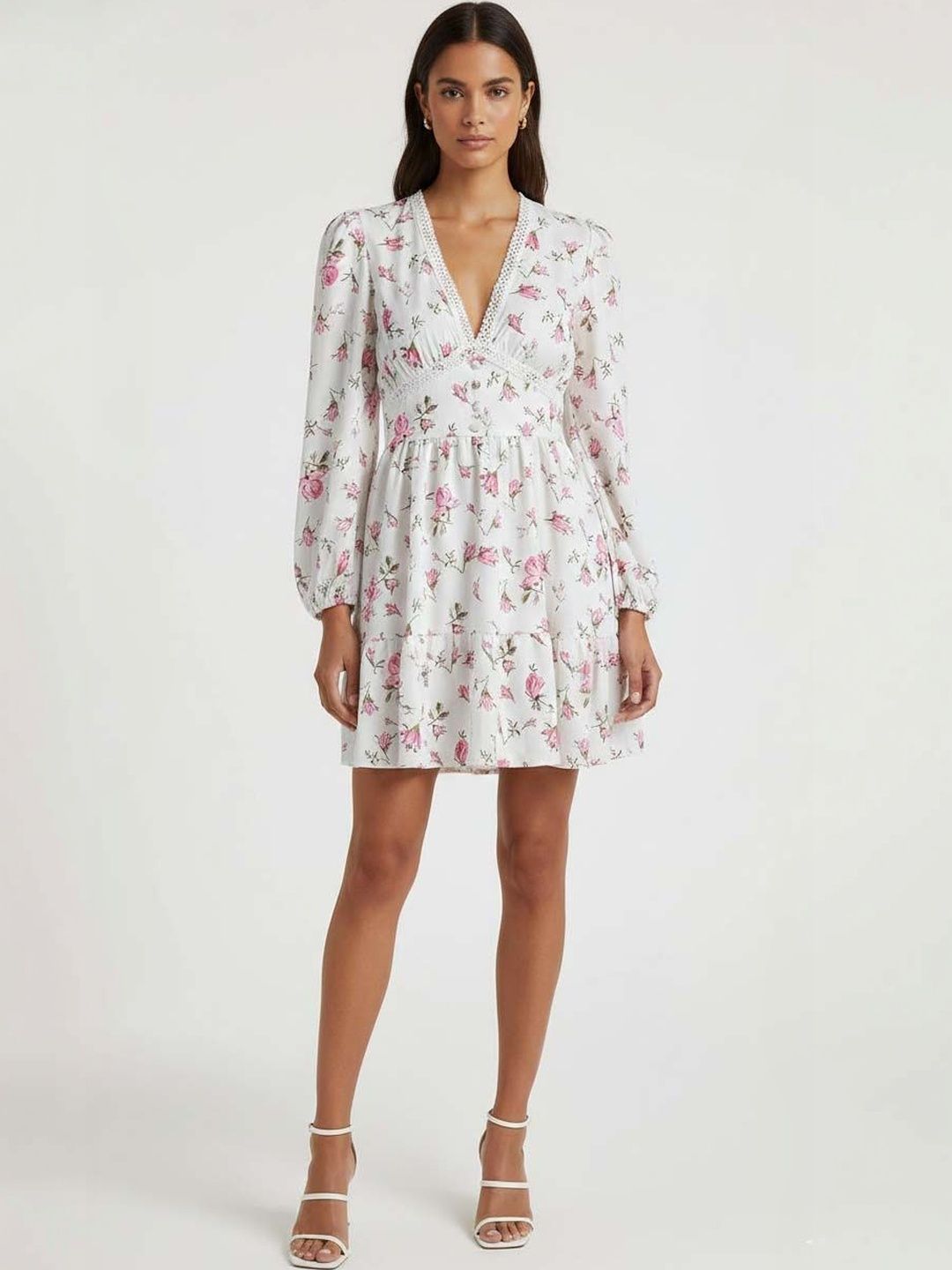 Floral Print Puff Sleeve Ruffled Fit & Flare Mini Dress in White polyester - Nowi Korean Fashion