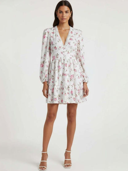 Floral Print Puff Sleeve Ruffled Fit & Flare Mini Dress in White polyester - Nowi Korean Fashion