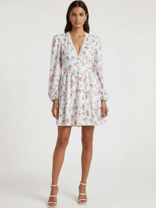 Floral Print Puff Sleeve Ruffled Fit & Flare Mini Dress in White polyester - Nowi Korean Fashion