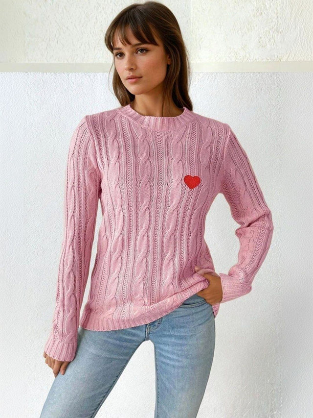 Cable Knit Pullover with Embroidered Detail in Pink acrylic - Nowi Korean Fashion