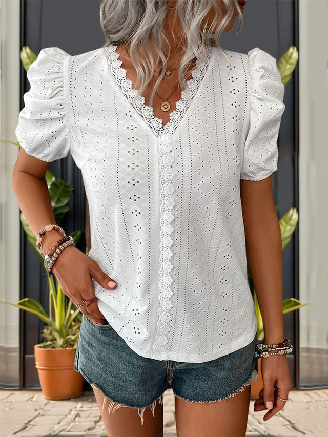 Embroidered Puff Sleeve Cotton Top in White Short Sleeve - Nowi Korean Fashion