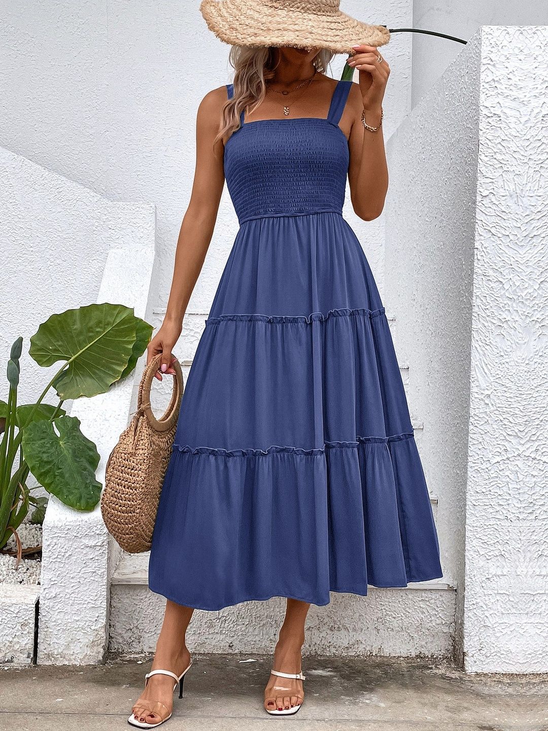 Fit & Flare Midi Dress in Blue cotton Sleeveless - Nowi Korean Fashion