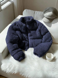Women's Blue Woollen Lightweight Crop Puffer Jacket