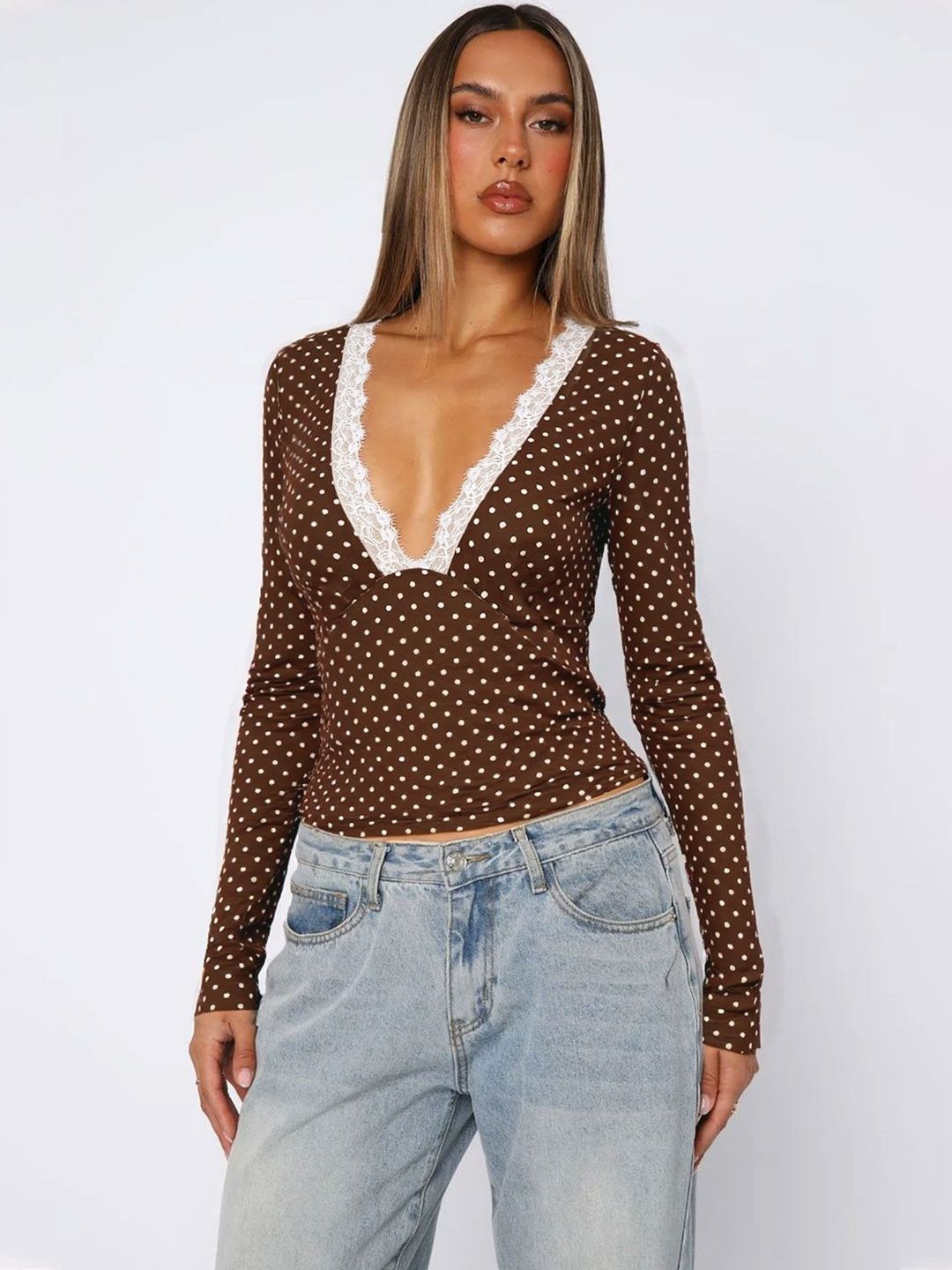Polka Dot Print Cotton Top in Brown Printed - Nowi Korean Fashion