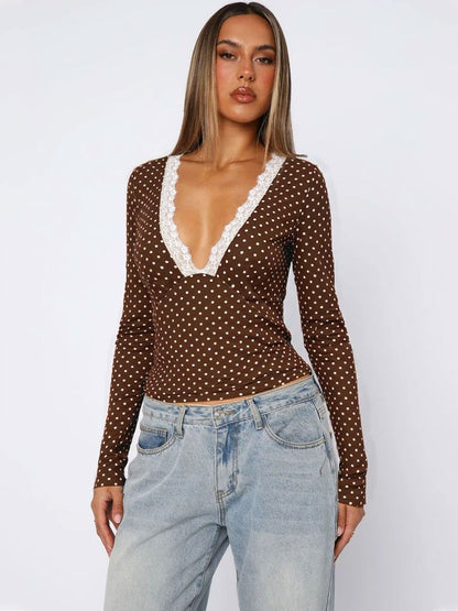 Polka Dot Print Cotton Top in Brown Printed - Nowi Korean Fashion