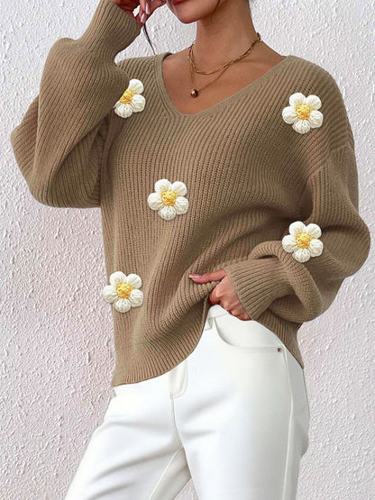 Women Floral Ribbed Pullover with Applique Detail