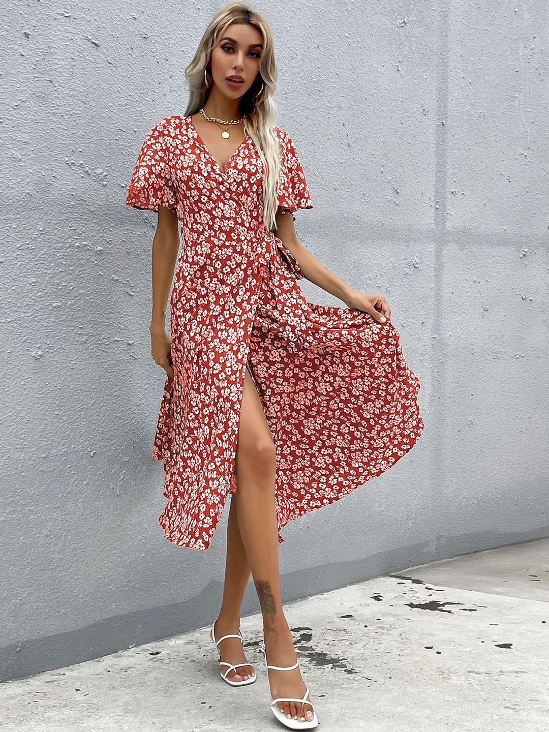 Floral Print Flared Sleeve Midi Dress