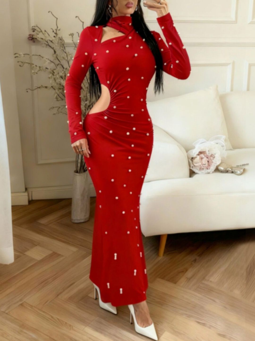 Red Embellished Bodycon Maxi Dress with Long Sleeves