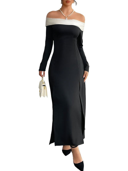 Colourblocked Off-Shoulder Sheath Maxi Dress in Black - Nowi Korean Fashion