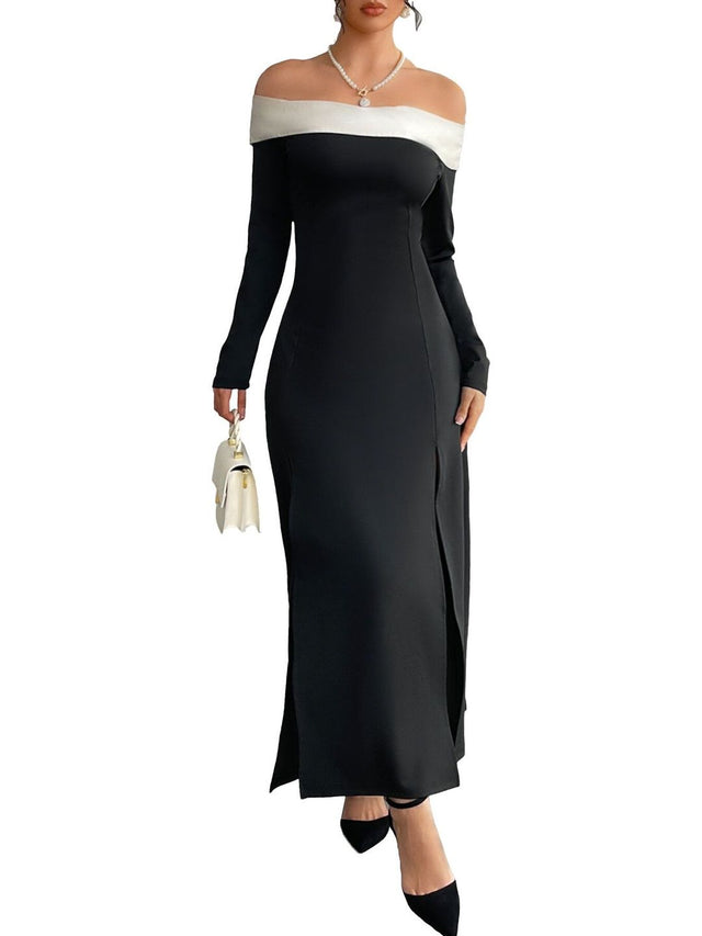 Colourblocked Off-Shoulder Sheath Maxi Dress in Black - Nowi Korean Fashion